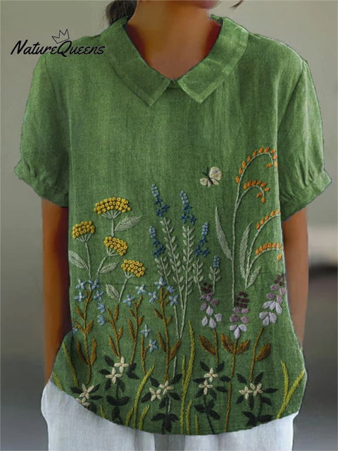 Women's Flower Art Print Casual Cotton And Linen Shirt