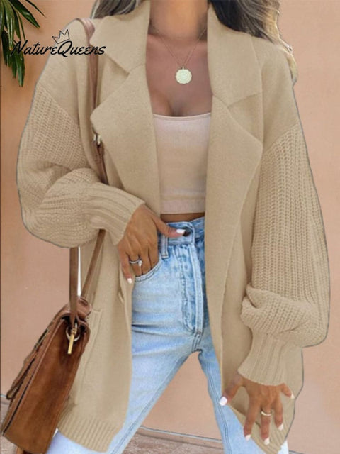 Women's Solid Color Suit Collar Sweater Cardigan Knit Jacket