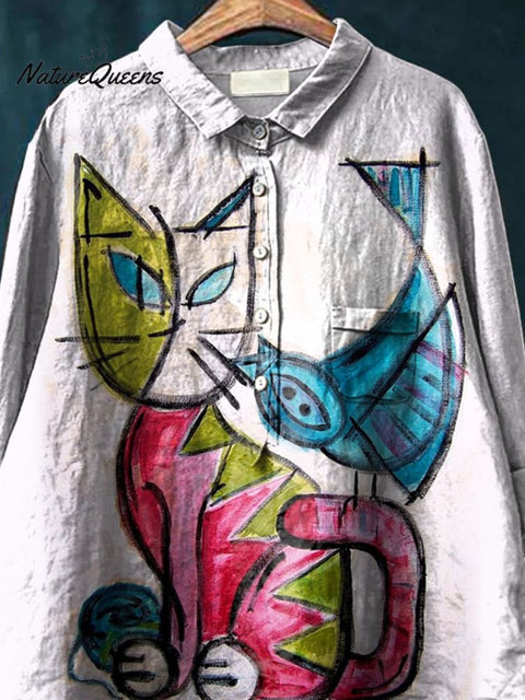 Abstract Cat And Bird Graphic Printed Women's Casual Cotton And Linen Shirt