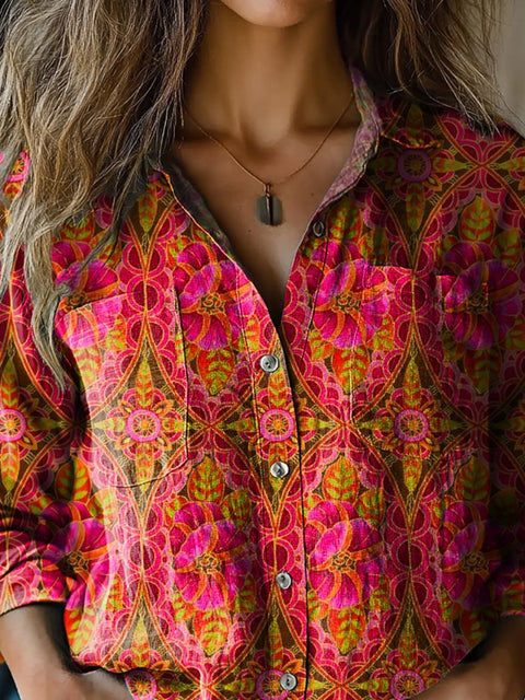 Vibrant Ethnic Pattern Printed Women's Casual Long Sleeve Comfortable Cotton Shirt