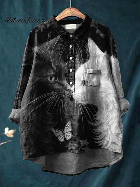 Black Cat And White Cat Art Printed Women's Casual Cotton And Linen Shirt