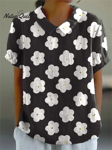 Spring Daisy Floral Pattern Printed Women's Casual Cotton And Linen Shirt