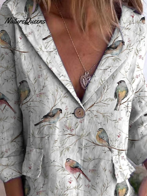 Lovely Spring Birds On Bough Repeat Pattern Printed Women's Linen And Cotton Pocket Coat