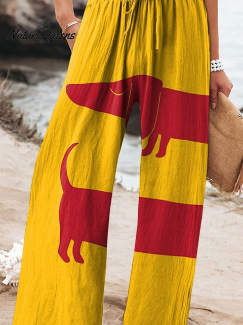 Women's Cute Animal Fun and Colorful Dogs Dachshund Printed Cotton And Linen Casual Pants