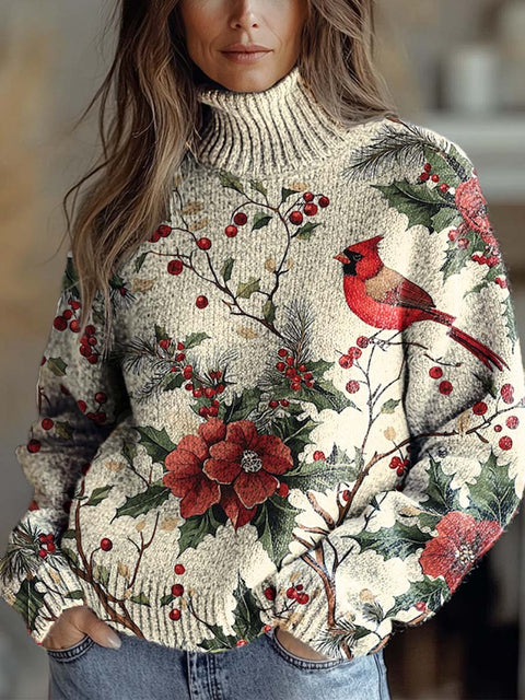 Women's Lovely Floral Bird Art Print Knit Turtleneck Pullover Sweater
