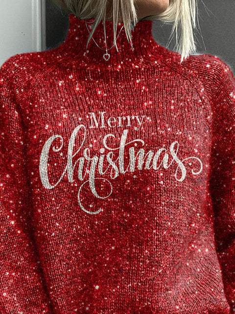 "Merry Christmas" Graphic Printed Knit Turtleneck Pullover Sweater
