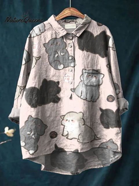 Women's Cute Little Chubby Cat Print Casual Cotton And Linen Shirt