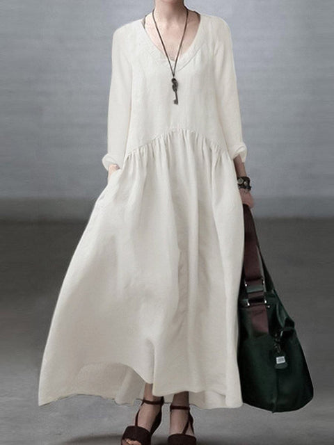 Women's Stylish Casual Loose Long Sleeve Solid Color V-neck Elegant Long Dress