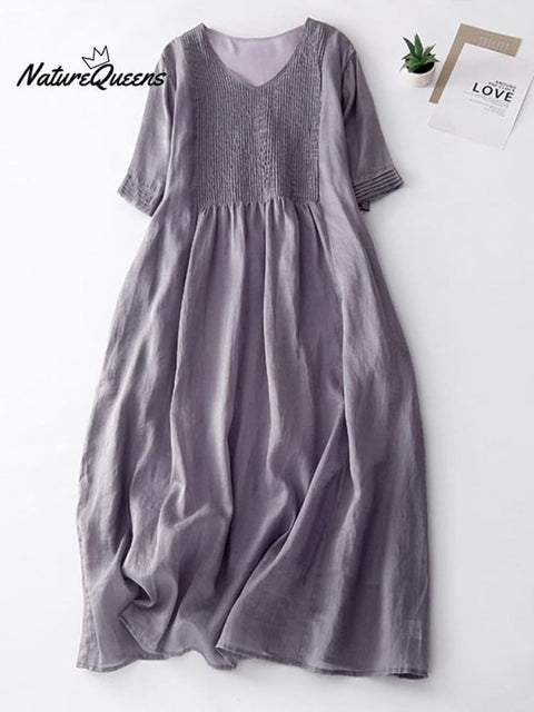 Elegant Pleated Loose Cotton Linen Dress