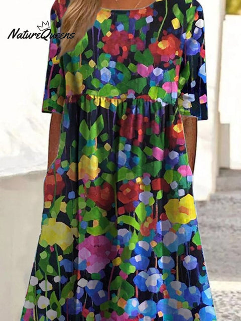 Abstract Floral Field Art Printed Women's Pocket Cotton Dress