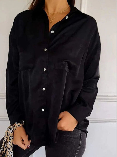 Women's Stylish Lapel Fashion Solid Color Long Sleeve Pocket Casual Shirt