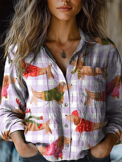 Women's Lovely Winter Dog Art Print Casual Long Sleeve Comfortable Cotton Shirt