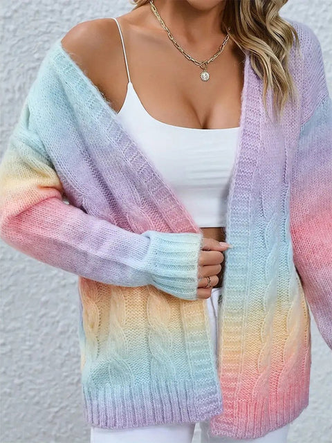 Women's Rainbow Tie-Dye Twist Long Knit Cardigan Jacket