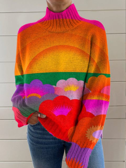 Cute Little Flowers Art Print Knit Turtleneck Pullover Sweater