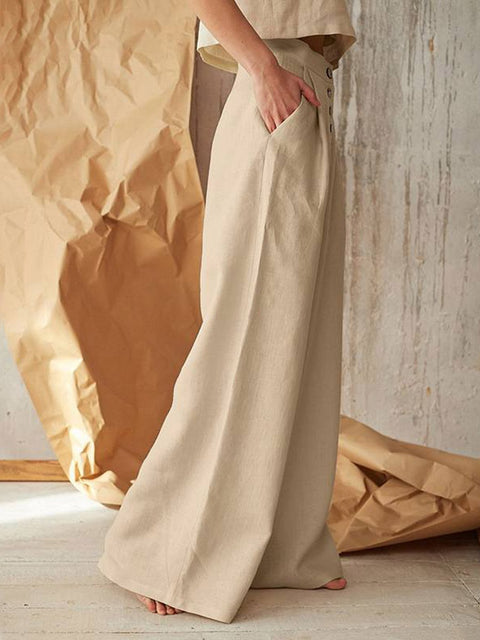 Women's Solid Color High Waist Casual Buttoned Cotton and Linen Wide Leg Pants