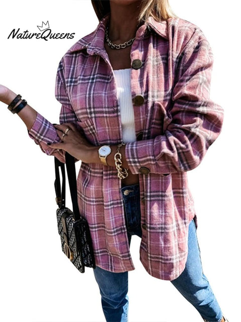 Women's Autumn and Winter Loose Mid-length Plaid Woolen Jacket