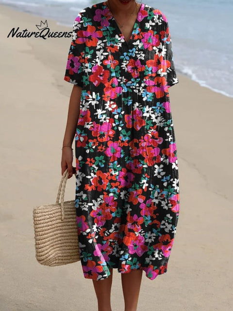 Bright Summer Floral Pattern Printed Women's Flowy Dress