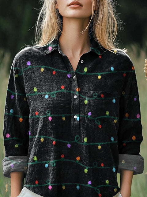 Christmas Light Pattern Printed Women's Casual Cotton And Linen Shirt
