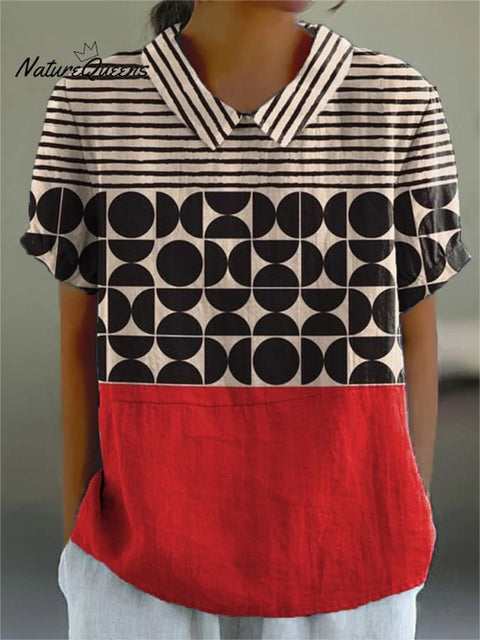 Artistry Geometric Pattern Printed Women's Casual Cotton And Linen Shirt