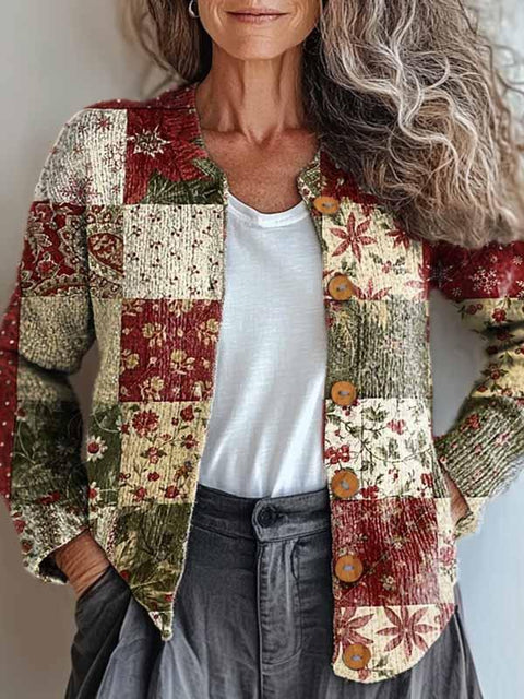 Women's Lovely Christmas Floral Patchwork Art Print Buttoned Cardigan Sweater