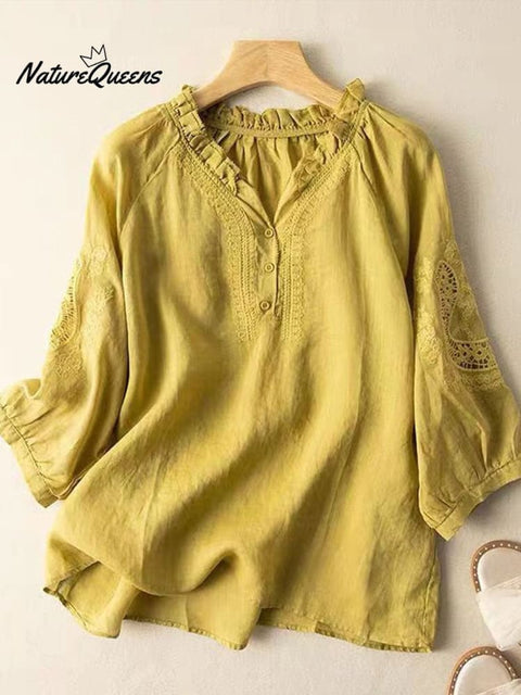 Embroidery Flower Cotton And Linen V-Neck Seventh Sleeve Blouse