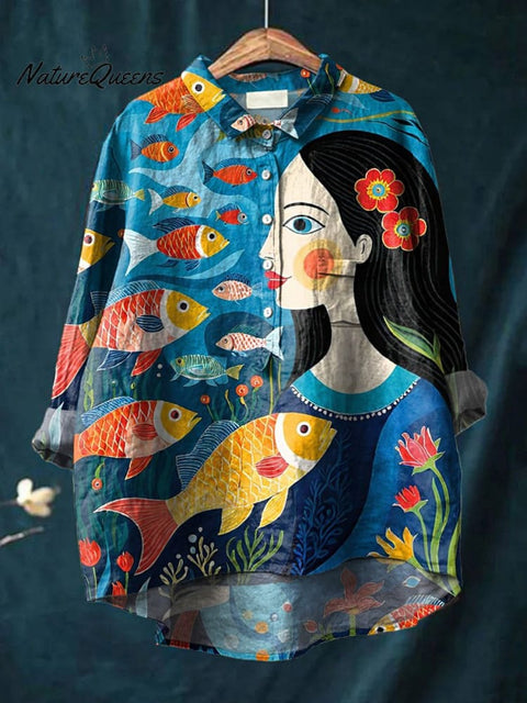 Beauty And The Fishes Art Printed Women's Casual Cotton And Linen Shirt