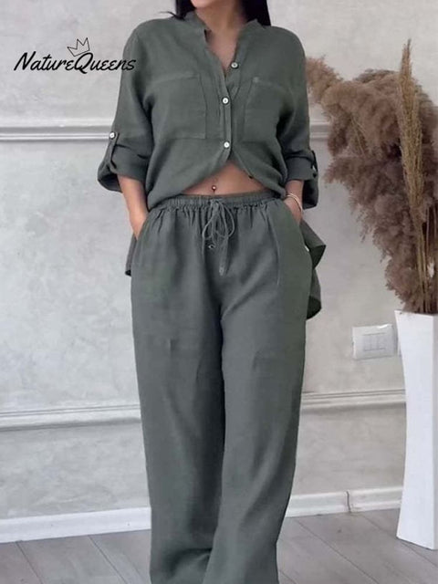 Women's Casual cotton and linen solid color shirt drawstring wide leg pants suit