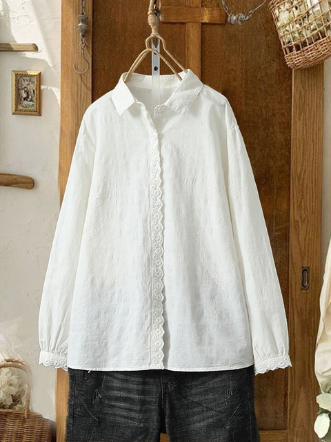 Women's  Embroidery Solid Color Cotton And Linen Casual Shirt