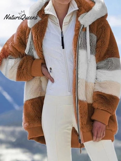 Autumn and Winter Loose Plush Multicolor Hooded Jacket
