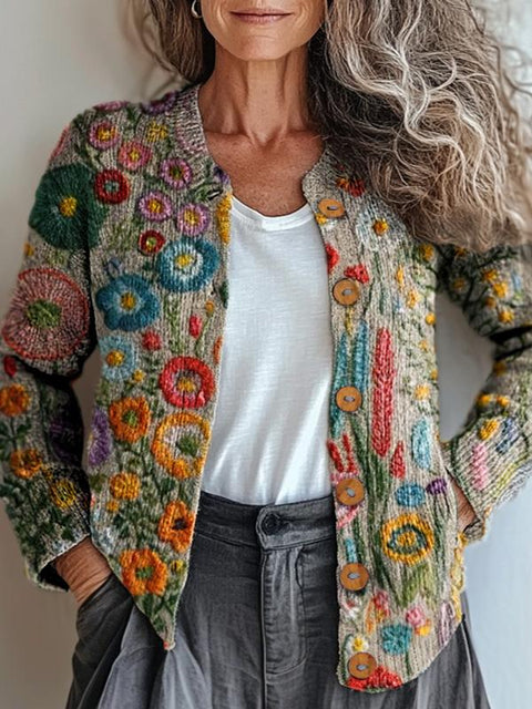 Embroidery Spring Meadows Floral Art Printed Buttoned Cardigan Sweater