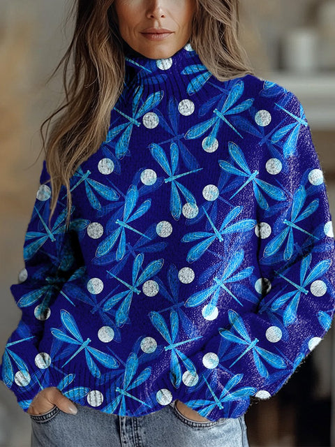 Vibrant Dragonfly Repeat Pattern Printed Knit Turtleneck Pullover Sweater