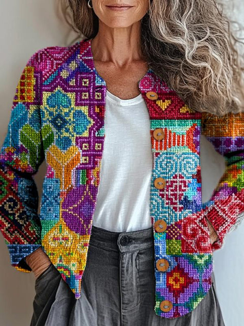 Vibrant Cross Stitch Floral Art Printed Buttoned Cardigan Sweater