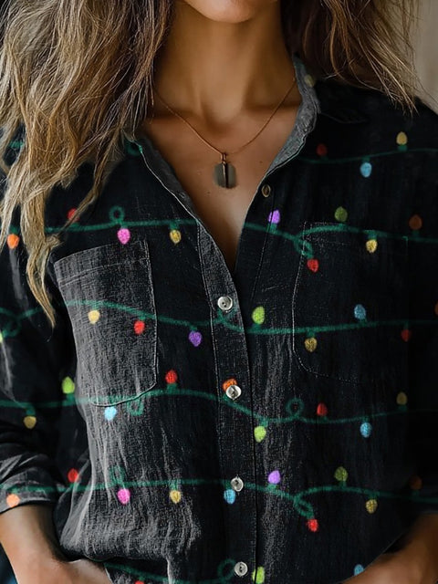 Christmas Light Pattern Printed Women's Casual Long Sleeve Comfortable Cotton Shirt