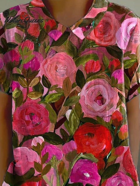Oil Painting Romantic French Rose Printed Women's Casual Cotton And Linen Shirt