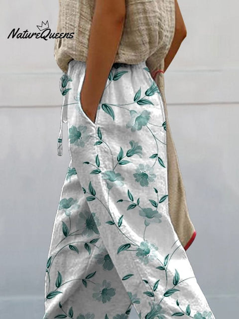 Green Spring Floral And Vine Pattern Printed Women's 100%Cotton Casual Pants