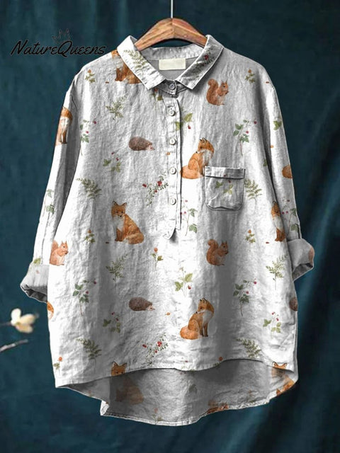 Little Forest Wildlife Pattern Printed Women's Casual Cotton And Linen Shirt