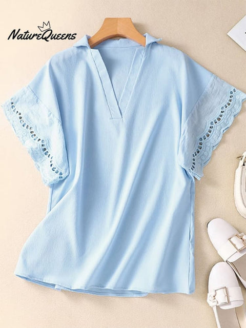 Solid Lace Trimmed V-Neck Short Sleeved Shirt
