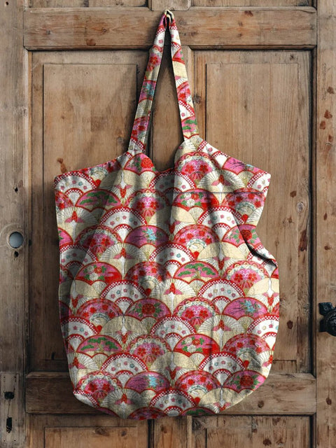 Japanese Style Flying Crane Pattern Printed Linen Tote Bag