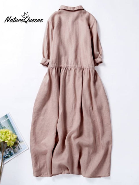 3/4 Sleeves Cotton Linen Loose And Slim Embroidered Dress