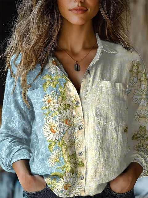 Women's Retro  Floral Print  Casual Long Sleeve Comfortable Cotton Shirt