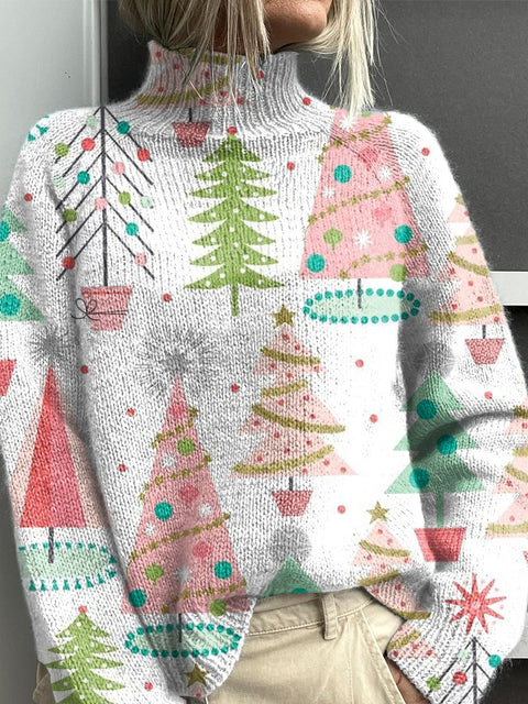 Pink Creative Christmas Tree Art Print Knit Turtleneck Pullover Sweater