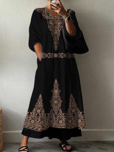 Women's Ethnic Decorative Motifs Print Pocket V-neck Cotton Dress