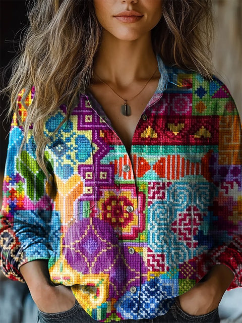 Vibrant Cross Stitch Floral Art Printed Women's Casual Long Sleeve Comfortable Cotton Shirt