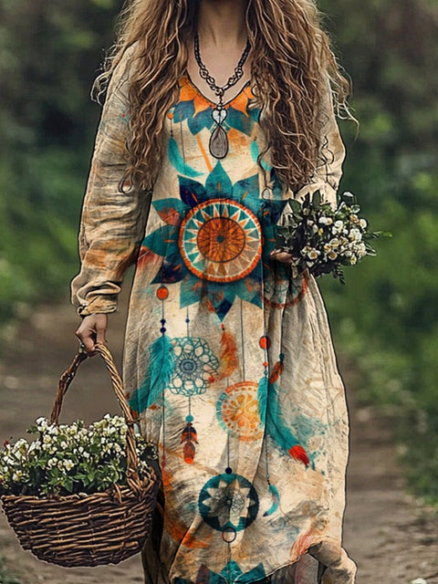 Watercolor Dreamcatcher Art Printed Women's Pocket Cotton Dress