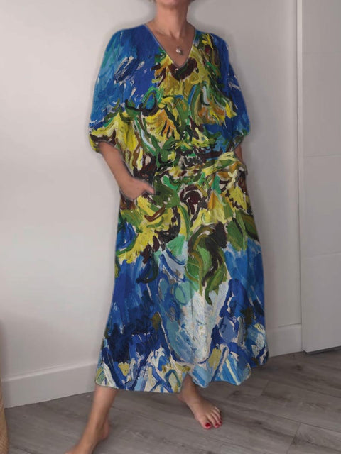 Painting Art Sunflower Bouquet Decorative Pattern Pocket V-neck Cotton Dress