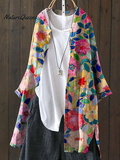 Women's Flower Print Loose Casual Top Jacket