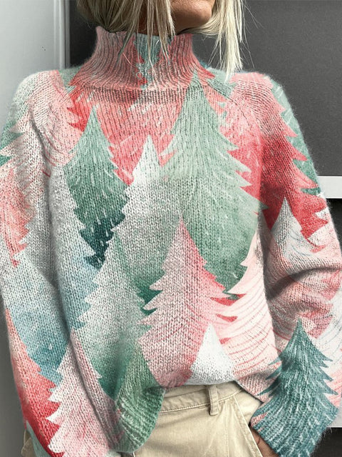 Pink Woods Pattern Print Knit Turtleneck Pullover Sweater