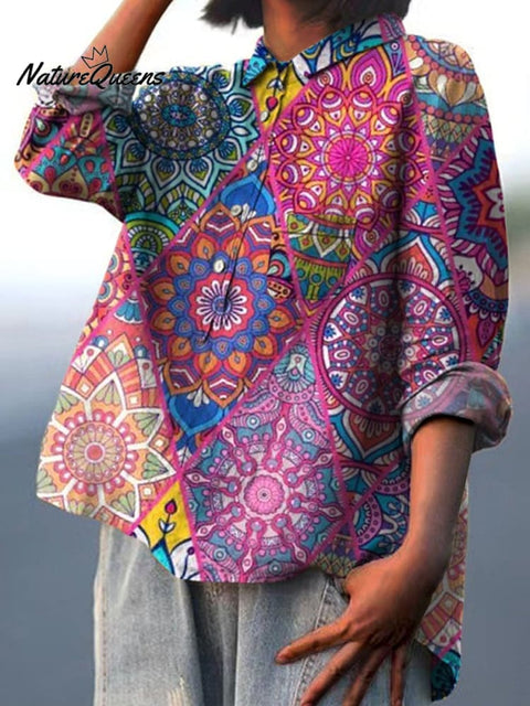 Hippie Style Geometric Pattern Printed Women's Casual Cotton And Linen Shirt