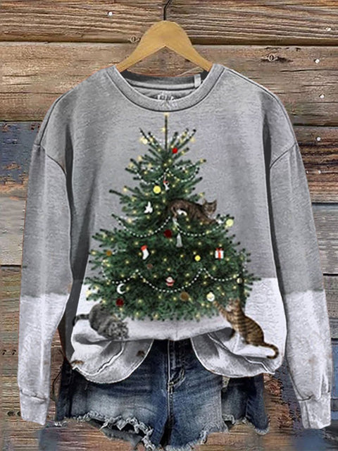 Cat Play With  Christmas Print Casual  Sweatshirt