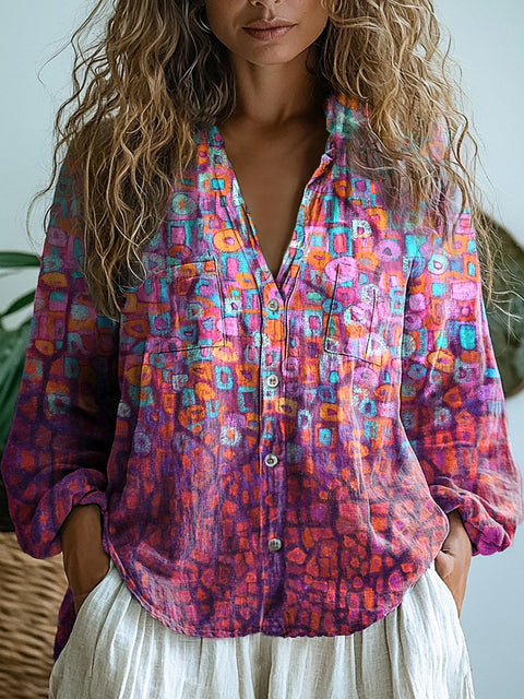 Abstract Geometric Oil Painting Pattern Printed Women's Casual Long Sleeve Comfortable Cotton Shirt